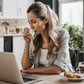 What to Ask When Interviewing a Divorce Financial Planner Photo of a woman seated at a kitchen table drinking coffee and working on laptop
